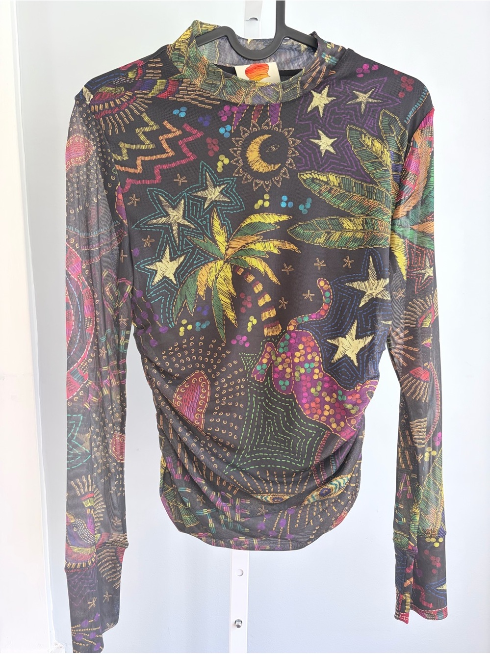 Farm Rio Amazonia Tulle Blouse Multicolor Sheer Mock Neck Size S - Picture 2 of 11